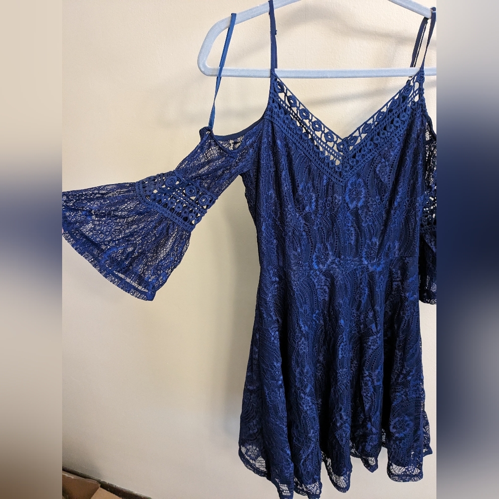 Navy lace flounce sleeve dress